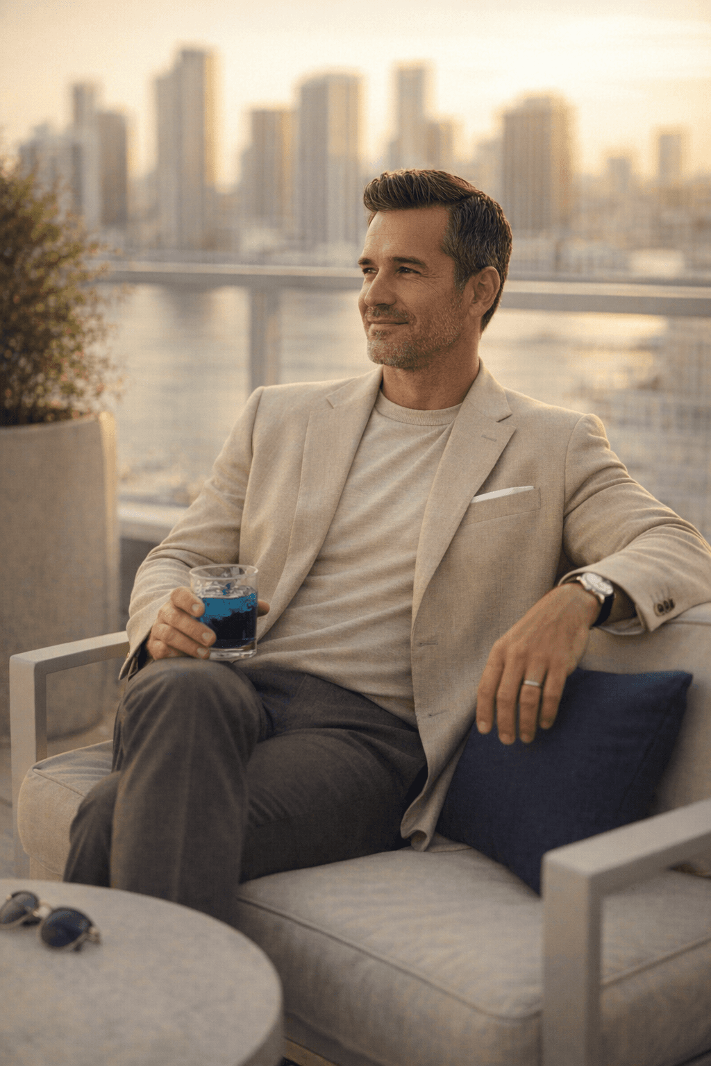 A confident Miami professional relaxing on a rooftop at golden hour, celebrating the end of the work week with a premium, calm aesthetic.