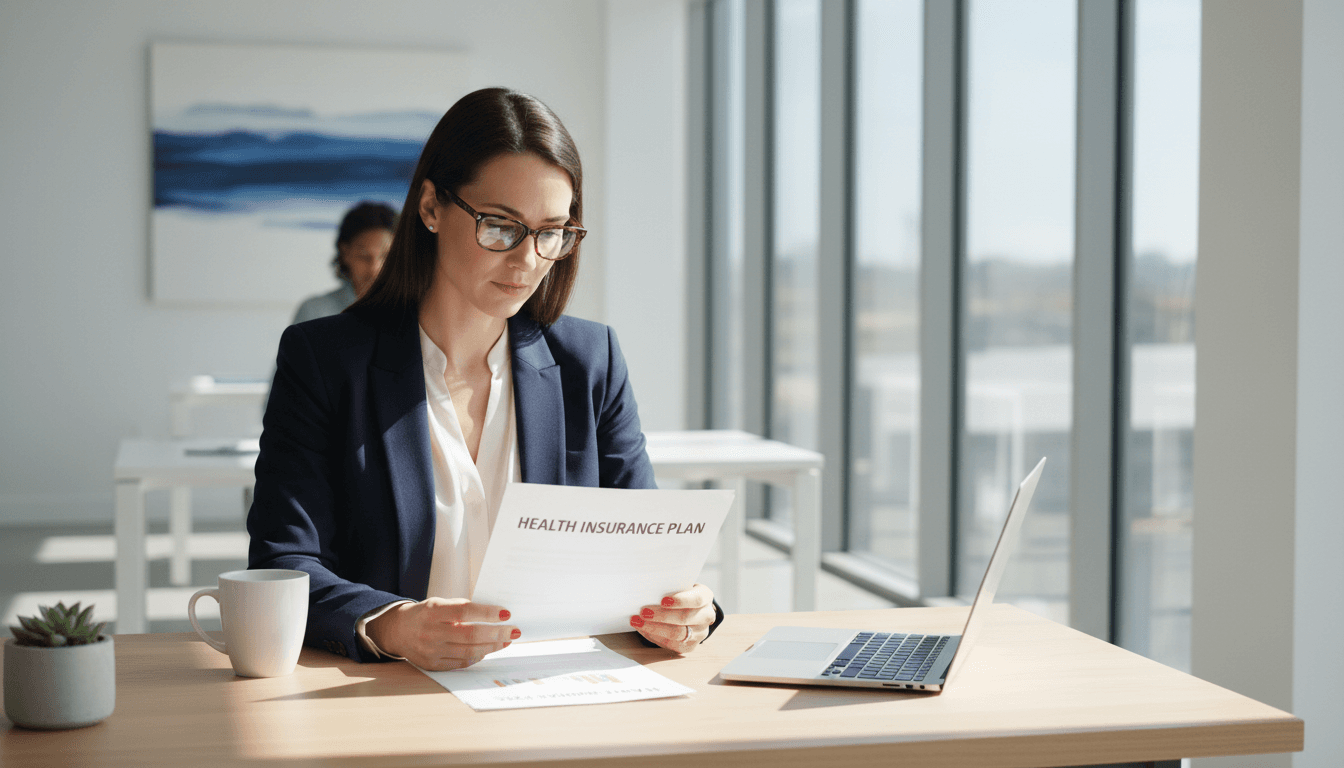 Professional reviewing health insurance documents at a clean modern desk with soft natural lighting
