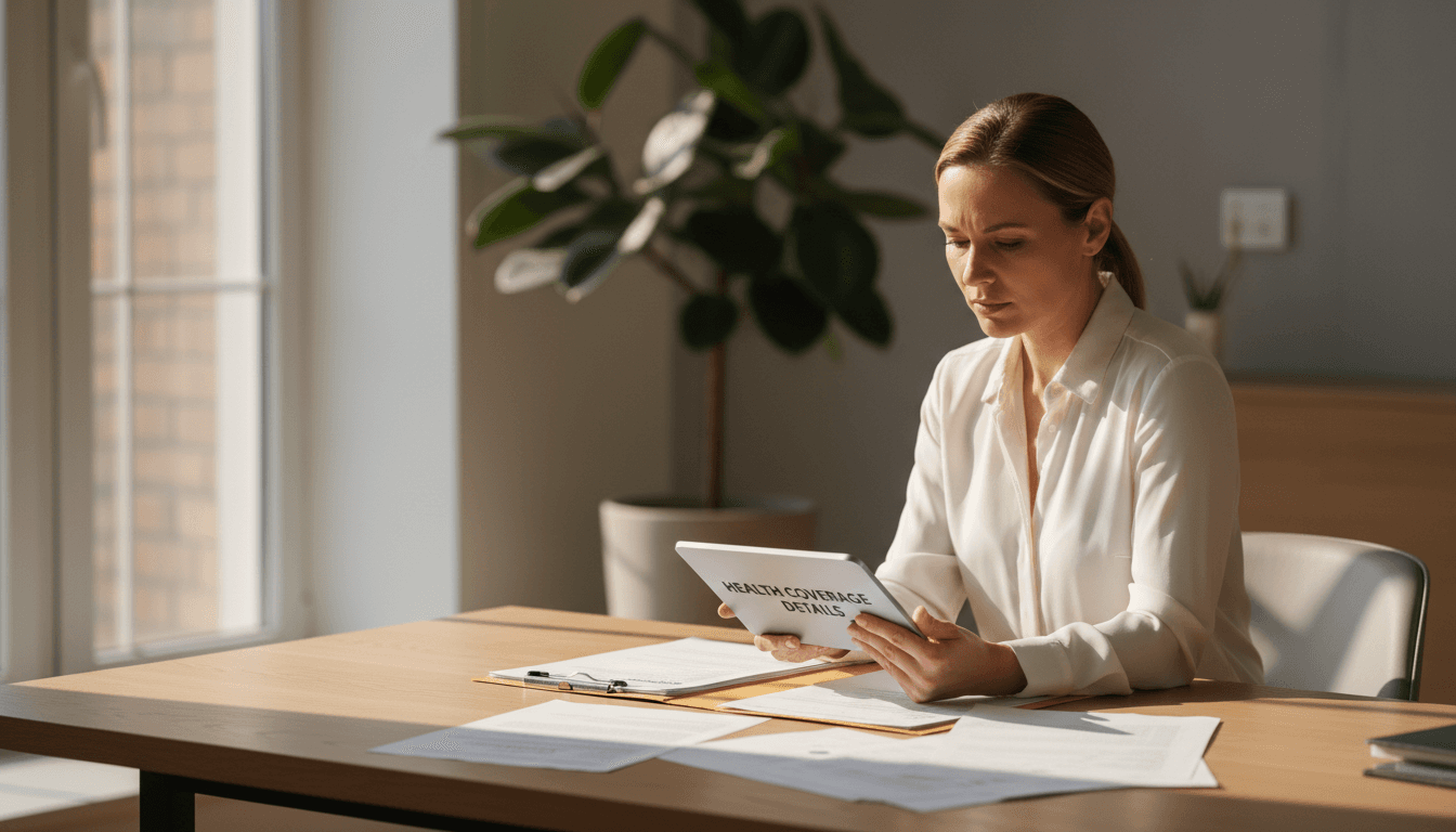 Professional woman reviewing health insurance coverage with clarity and focus