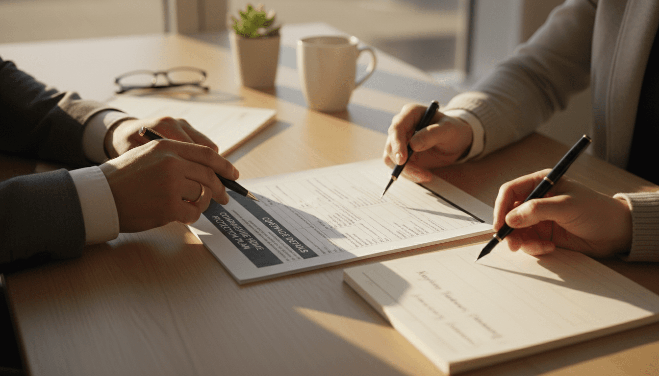 Hands holding an open insurance document at a modern desk