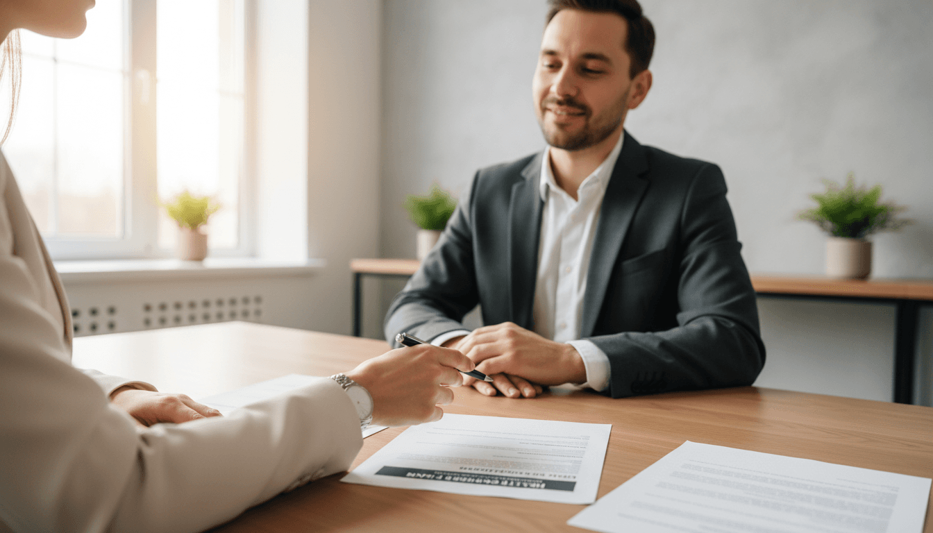 Health insurance advisor reviewing personalized coverage plan with satisfied client in modern office