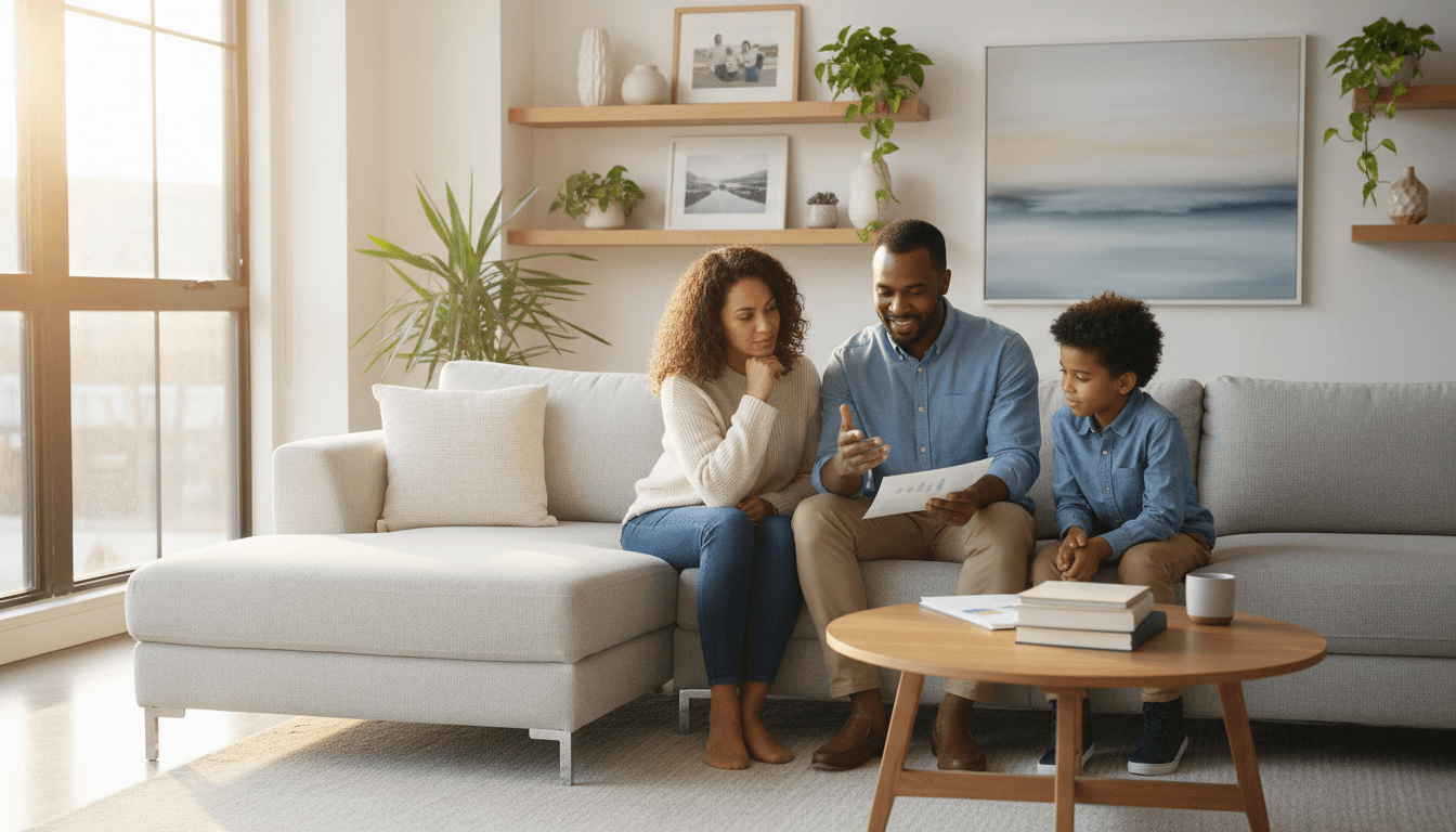 Diverse family of four reviewing financial documents together in bright, sunlit living room, discussing insurance plans