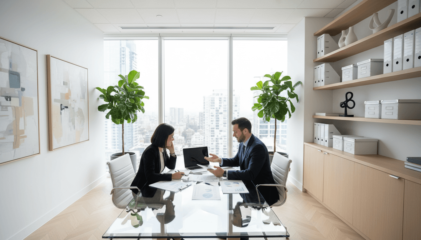 Financial advisor in consultation with client discussing health insurance options in a calm, professional setting