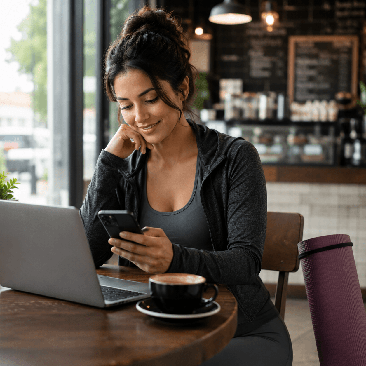 Smiling woman in athletic wear using a phone at a cafe table with a laptop and coffee.