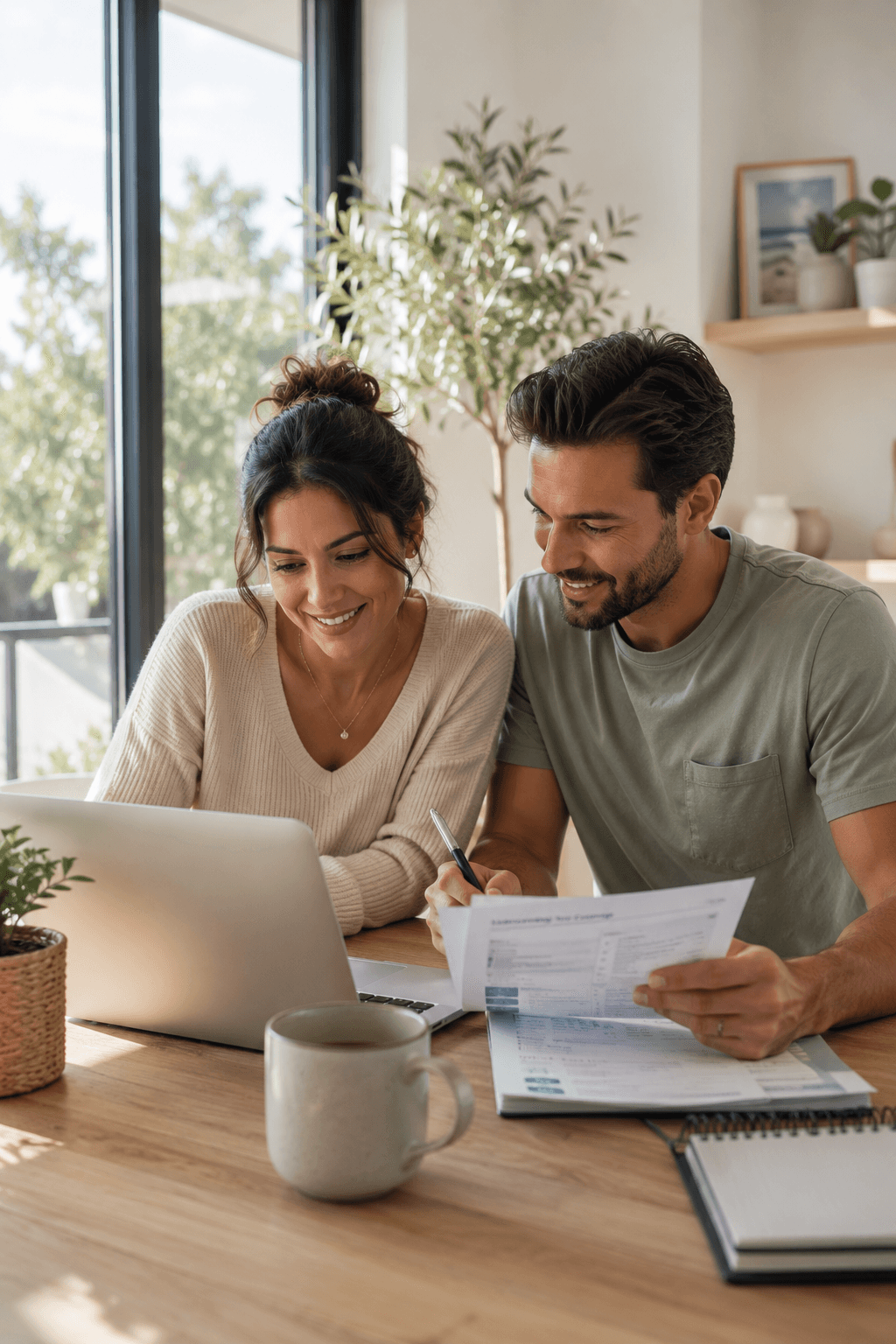 Smiling couple reviewing paperwork and looking at a laptop screen at a wooden table.
