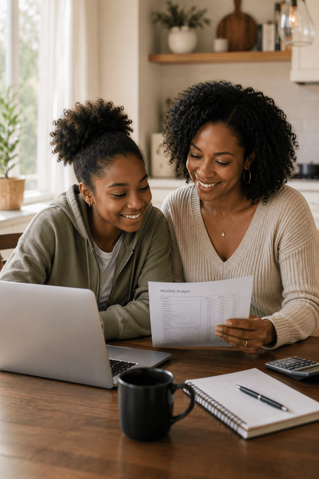 Smiling Black mother and daughter review a monthly budget document with a laptop and calculator.