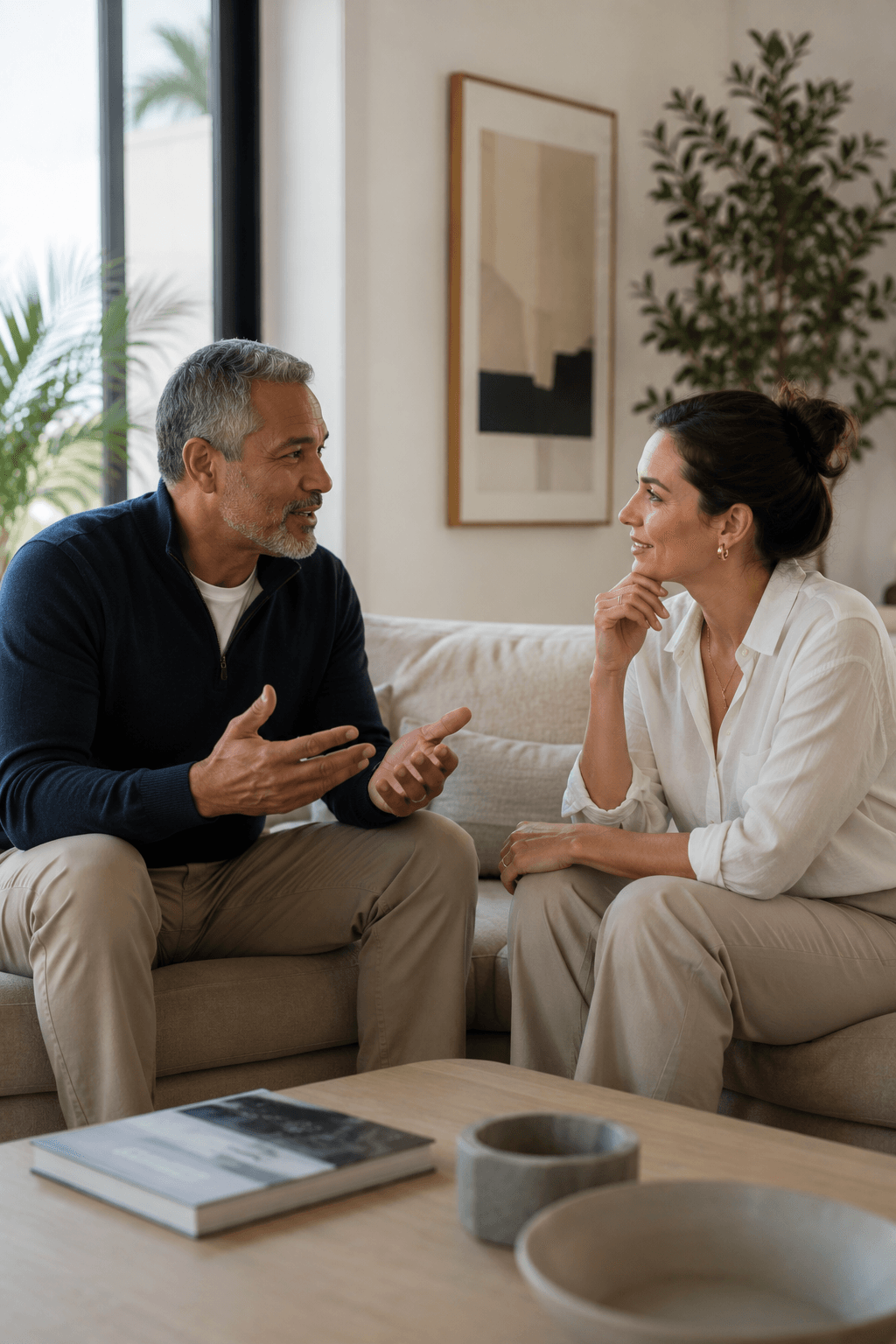 Man with grey hair gesturing while speaking to a woman listening intently on a sofa.