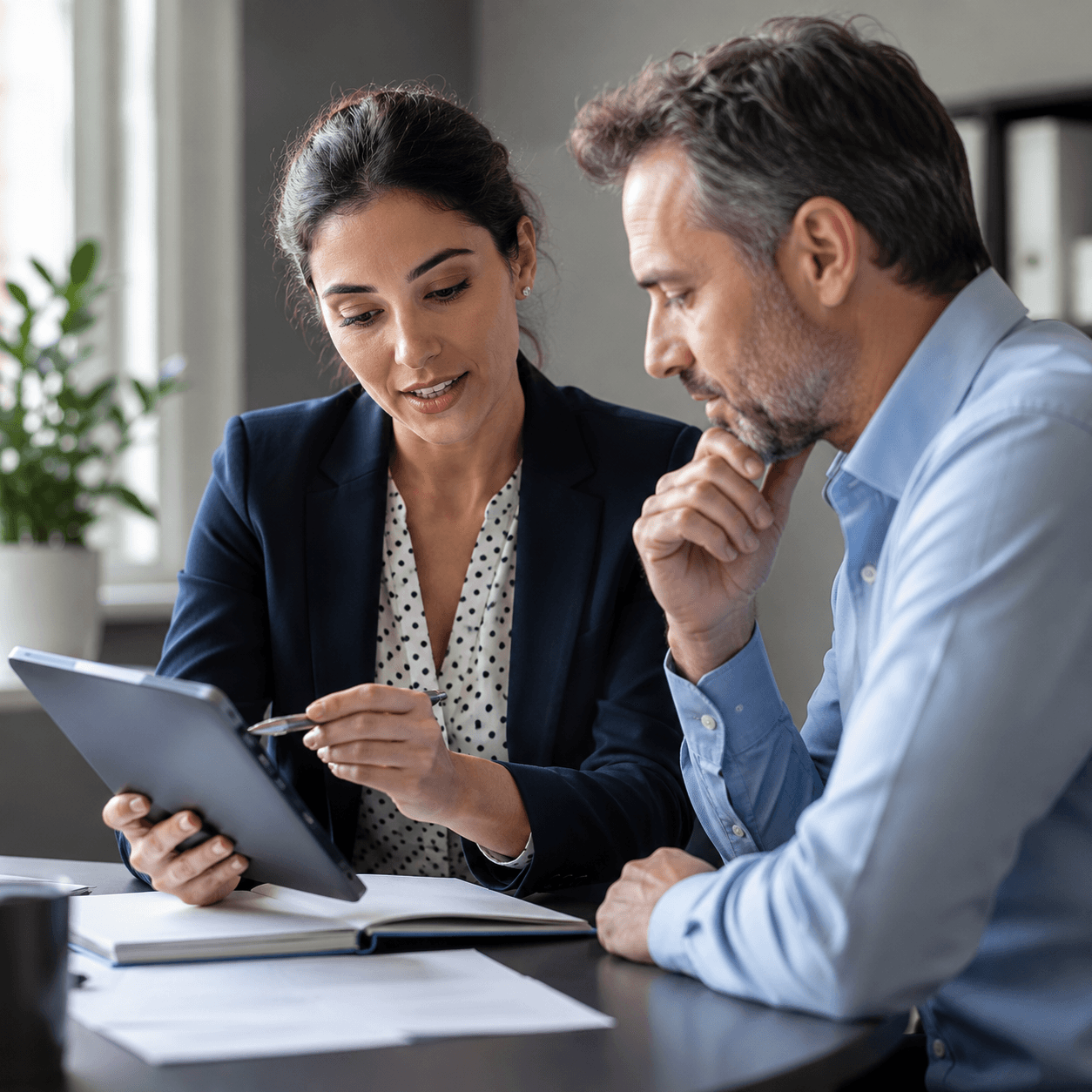 Professional woman points at a tablet screen while discussing information with a male colleague.
