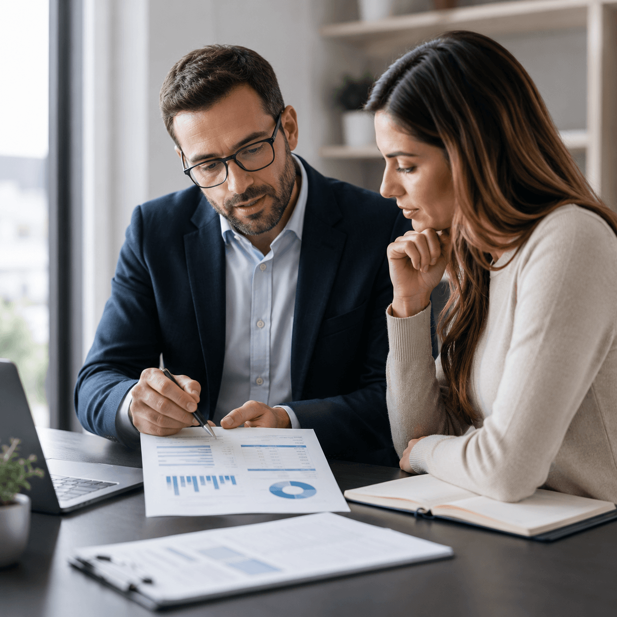 Professional man and woman reviewing financial charts and documents together at an office desk.