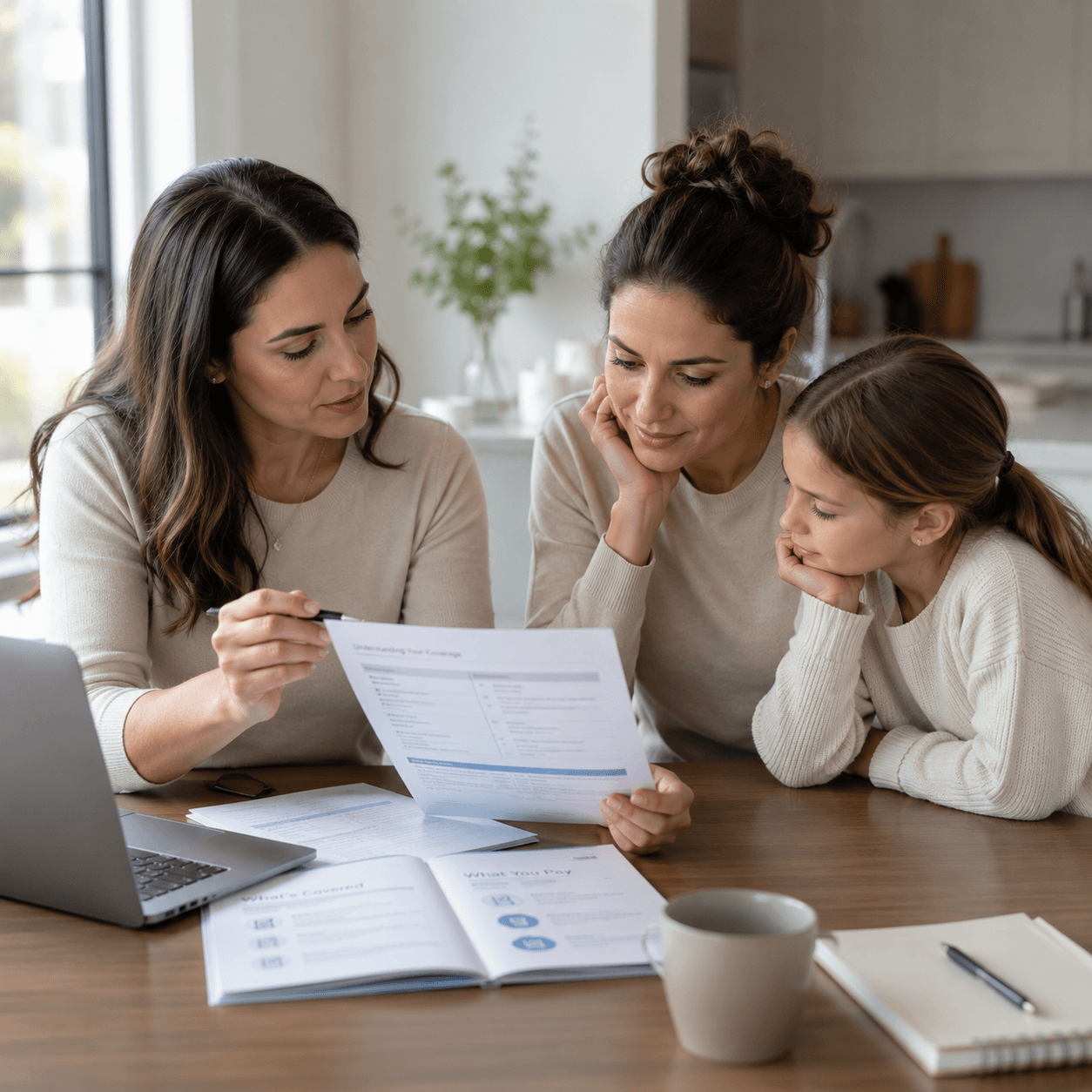 Two women and a young girl review documents together at a table with a laptop.