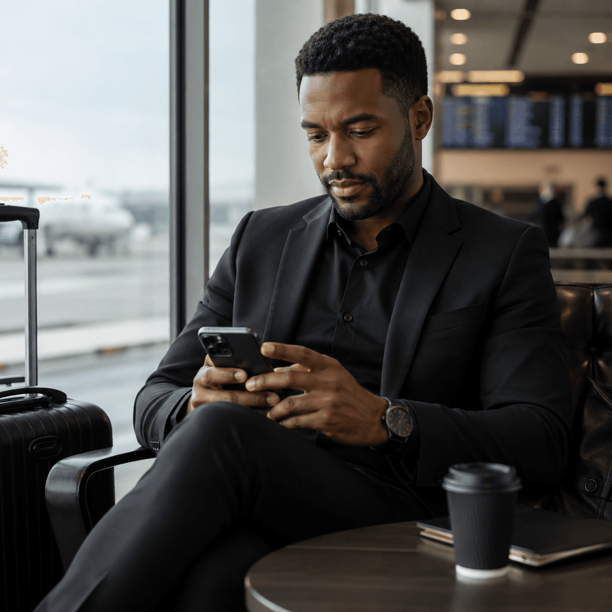 Black man in a suit using a smartphone while waiting at an airport lounge window.
